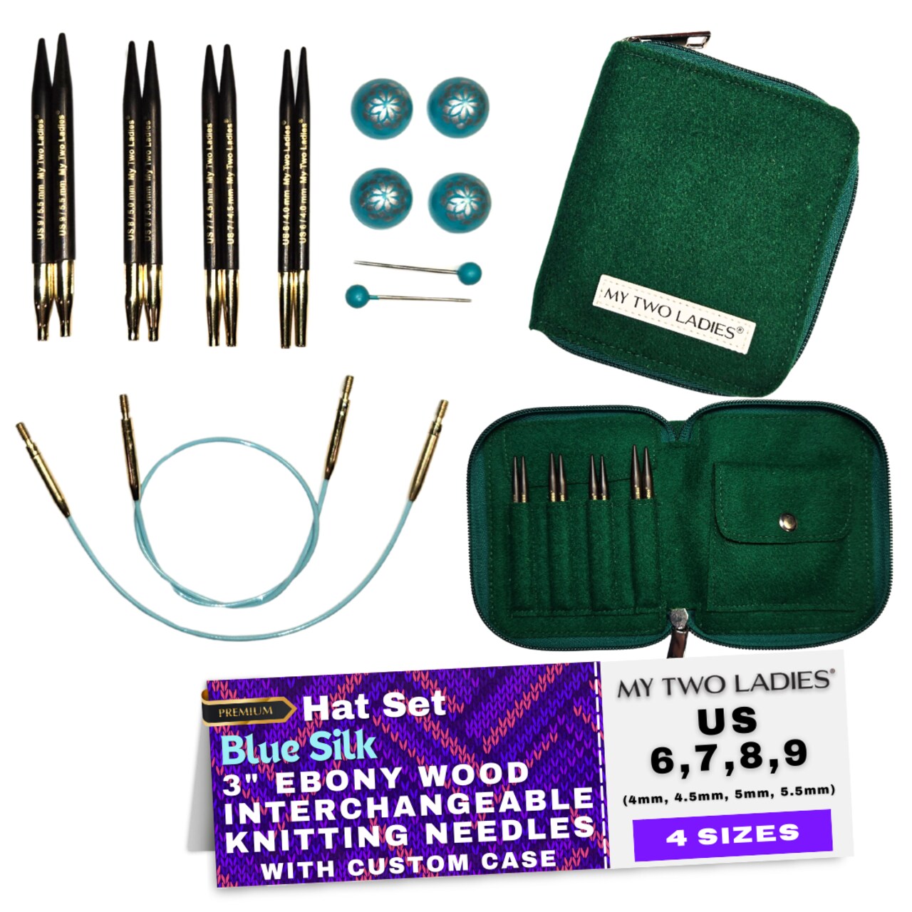 My Two Ladies | Blue Silk | Hat Set | 3" Ebony Interchangeable Knitting Needles | 4 Sizes | w/custom case